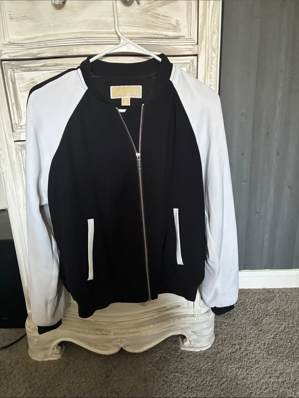 Michael Kors Black and White Colorblock Varsity Jacket